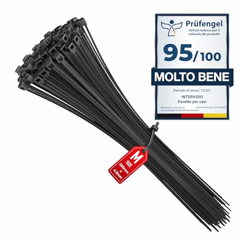 intervisio Fascette Plastica per Cablaggio 300 mm x 4,8 mm, Fermacavo Nere Elettricista 300mm Nylon Cavi Stringicavo, Nero, 100 Pezzi