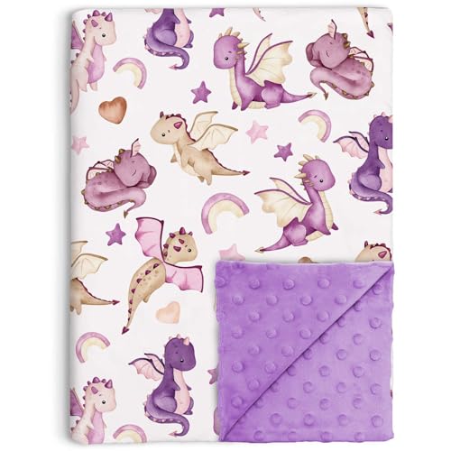 Image of Dragon Baby Blanket for Girls, Purple Fairy Tale Theme Soft Nursery Minky Blankets with Double Layer Dotted Backing, Toddler Baby Crib Stroller Swaddle, Receiving Blankets, 30"x40"