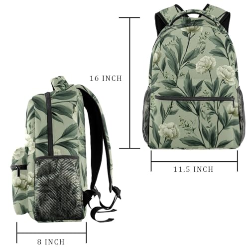 Sage Green Flowers with Leaves Pattern (5) Student Bags Travel Backpacks for Boys Girls 29.4x20x40cm11.5x8x16 in2