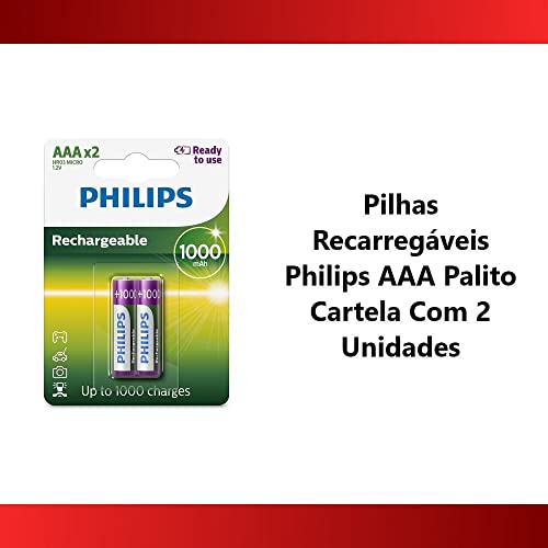 2 Pilhas Recarregáveis Philips Aaa 1000mAh Originais Palito Prontas pro Uso RTU