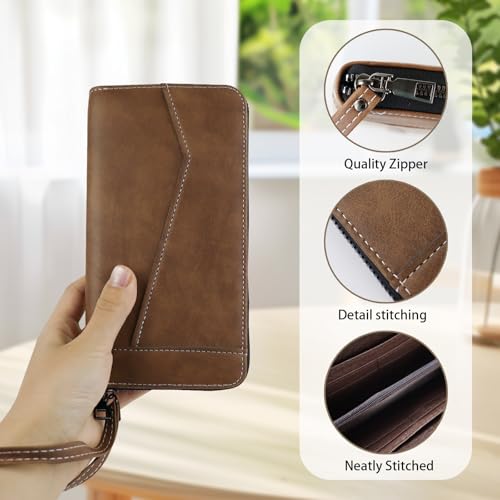 Long Wallets for Men, Simple Zipper Wallets for Men with 8 Card Slots, Zipper Coin Pocket and 2 Cash Slots, Checkbook Wallet with Wrist Strap (Coffee)3