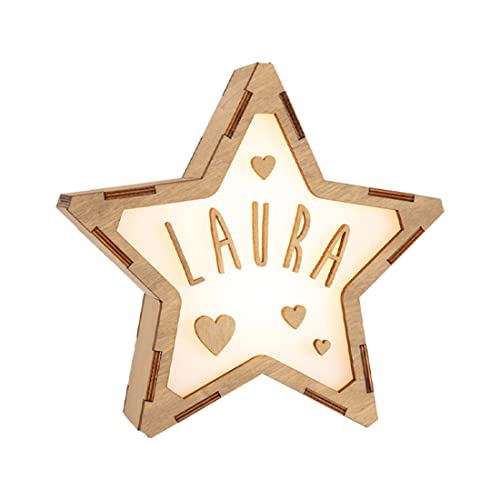 Étoile lumineuse LED en bois avec port USB - Lettres incluses - Personnalisable - Lumière décorative - Cadeau pour enfants - Cadeau d'anniversaire - Lampe de nuit LED - Anniversaire Noël