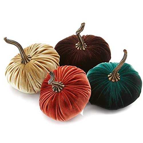 Small Velvet Pumpkins Set of 4 Includes Rust Gold Emerald and Brown, Handmade Home Decor, Holiday Mantle Decor, Fall Halloween Thanksgiving Centerpiece, Rustic Fall Wedding Centerpiece Decor