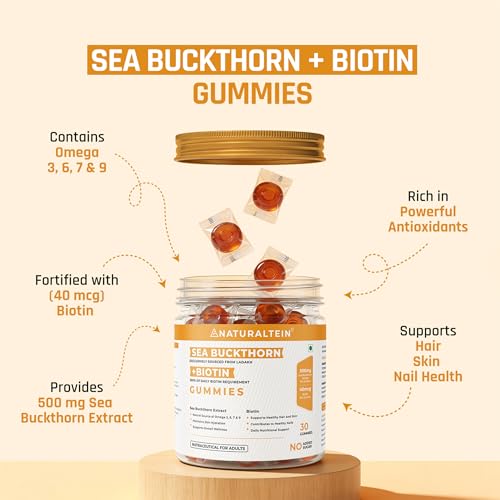 Image of Naturaltein Sea Buckthorn Gummies with Biotin | 30 Gummies | Rich in Vitamin C, A, E & B-Complex | Naturally Occurring Antioxidants, Minerals & Amino Acids | Omega 3, 6, 7 & 9 | 500mg Extract + 40mcg Biotin | Supports Hair, Skin & Nails | No Added Sugar