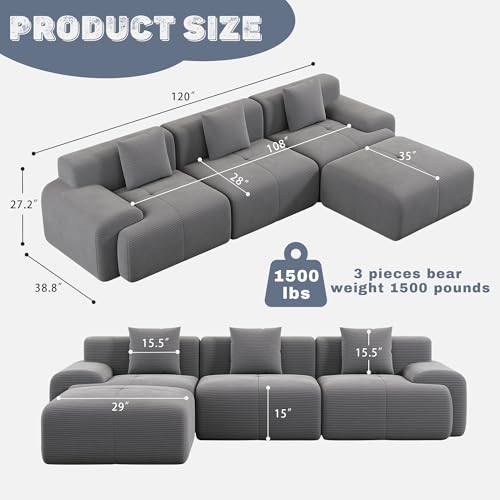 Image of 120 inch Cloud Modular Sectional Couch,Boneless Sofa,L-Shape Upholstered Sofas with Deep Seat,Modern Cozy Corduroy Couches with Memory Foam,No Assembly Required for Living Room(Dark Grey)