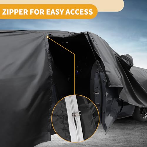 Image of Waterproof All-Weather Universal Car Cover with Right Side Zipper, 210T-PU Black Fits for Sedan 190 inch to 198 inch Length