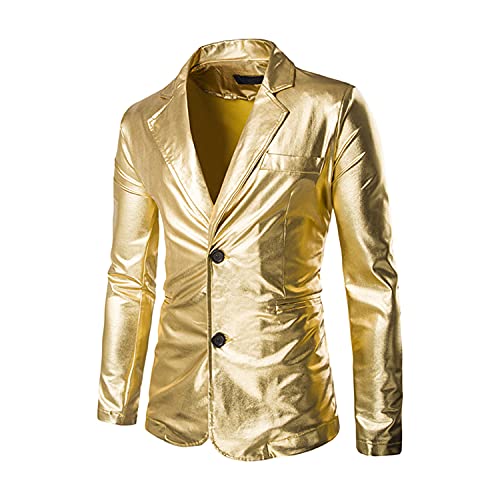 Men's 2 Pieces Shiny Suit Night Club Metallic Moto Style Blazer Suits 2 Button Tuxedo Party Disco Jacket And Pants Sets (Golden,Large)2