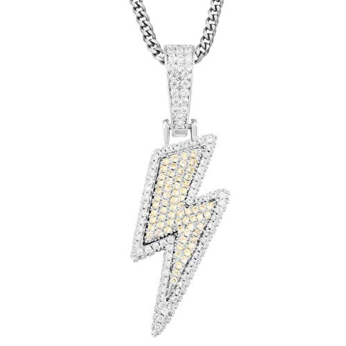 TUHE 18K Gold Plated AAA CZ Iced Out Lightning Bolt Pendant Necklace for Men Women Simulate Diamond Accents Bling Bling Hip Hop Charm Necklace with Stainless Steel Cuban Chain in Platinum Plated
