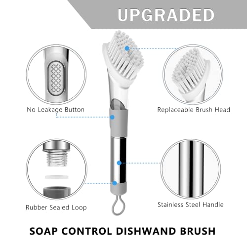 Setsail Dish Brush With Soap Dispenser, Kitchen Dish Brush With Stainless Steel Handle Dish Scrub Brush For Pot Pan Sink Cleaning Dish Soap Control Washing Brush Scrubber, Grey #TOP3