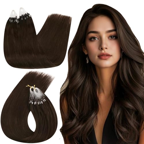 Ugeat Extensiones Pelo Natural Micro Ring 35cm 50 hebras Castaño Oscuro Extensiones de Pelo Natural con Micro Marrón Remy Humano Liso Corto 50G