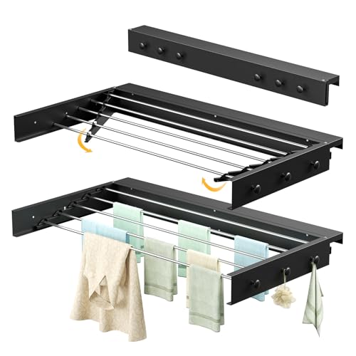 GJCrafts Wall Mounted Clothes Airer, Retractable Clothes Drying Rack With 6 Side Hooks, 5 Aluminum Rods, Easy Installation, Space Saving Clothes Dryer For Towels, Clothes (Black, 100CM)