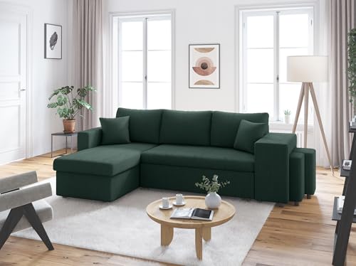 LOUNGITUDE Canapé d'angle réversible Convertible Oslo avec Coffre et 2 poufs en Velours côtelé