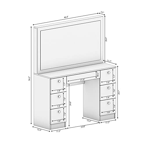 Boahaus Dressing Table, 7 Drawers, Full Width Mirror, Smoked White - Thumbnail 6