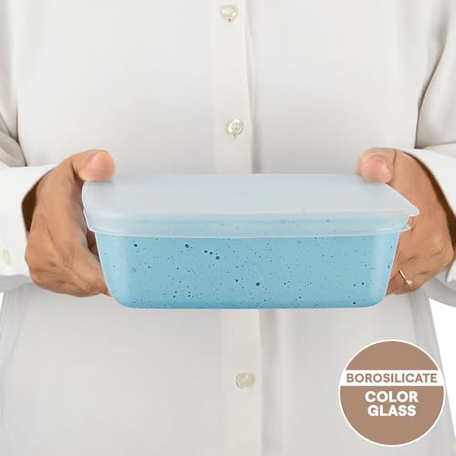 Image of Borosil 800 ml Blue Baking & Serving Dish with Lid | Borosilicate Glass Square Shape Bakeware and Serveware Casserole Dish Tray | Microwave, Oven & Dishwasher Safe Bowl