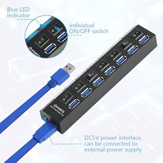 OFFCUP Hub USB Alimentato 7 Porte (1 USB 3.0 6USB 2.0) Con Interruttori Individuali e Spie LED Ciabatta Multi Presa USB, Sdoppiatore USB, Plug & Play, per PC Laptop Stampante MacBook Mouse e Altro