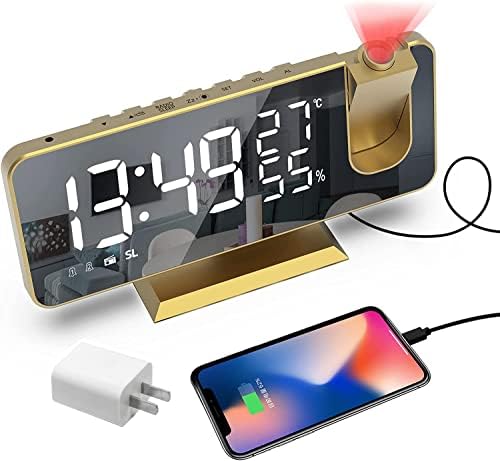 Projection Digital Alarm Clock for Bedrooms, Radio Alarm Clock on Ceiling, USB Charger Port, Temperature & Humidity Display, 7.3” Large Mirror LED Display,12/24H,Snooze,Dual Loud Alarm Clock- 4 Dimmer