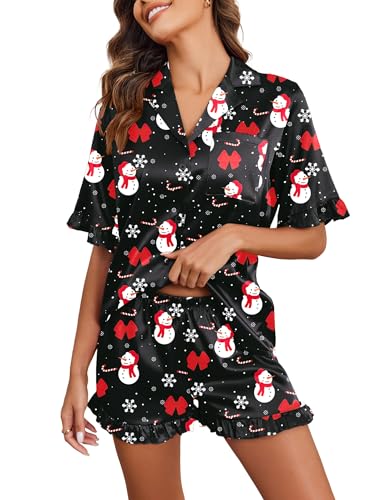 Image of Ekouaer Satin Pajama Set for Women 2 Piece Pj Sets Short Sleeve Sleepwear | Super Soft Silky Summer Loungewear Set with Ruffle Short Sleeve Top and Pocket Shorts, Casual Travel Daily Gift