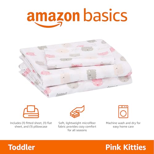 Amazon Basics Kid's Soft Easy-Wash Lightweight Microfiber 3-Piece Sheet Set, Toddler, Pink Kitties view 2