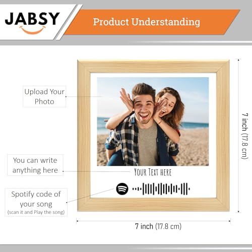 Image of JABSY Custom Wooden Theme TableTop Spotify Plaque Square Photo Frame Customized Photo Frame Music Plaque With Scannable Code & Text Message Birthday Wedding (Size-7X7 Inch)