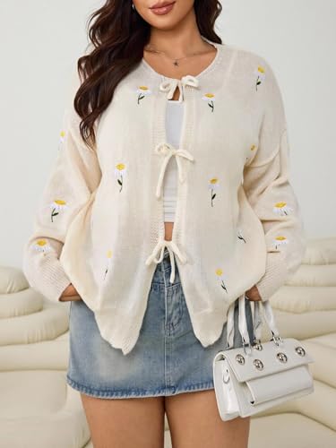 Women's Plus Size Floral Embroidered Cardigan Sweater Tie Front Long Sleeve Lightweight Knit Outwear3
