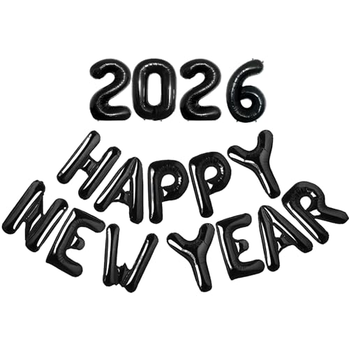 2026 Happy New Year Deko Folienballon, Happy New Year Deko Luftballon, Silvester Party Deko Ballon Zubehör, Happy New Year Dekorationen Set 2026, Für Silvester Party Deko Supplies (D-Schwarz)