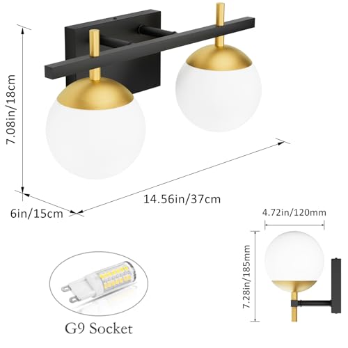 Image of Ralbay 2-Light Black and Gold Bathroom Vanity Light Mid Century Modern Milky Glass Ball Wall Light for Bathroom 2 Light Black /Golden