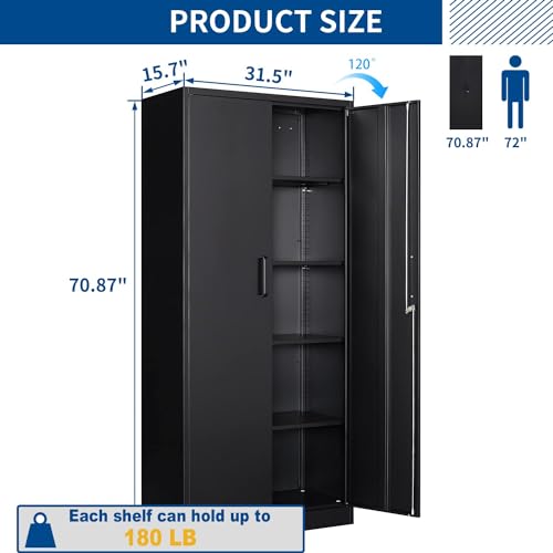 Fesbos Metal Storage Cabinet-71” Tall Steel File Cabinets with Lockable Doors and Adjustable Shelves-Black Steel Storage Cabinet for Home, School, Office, Garage - Thumbnail 3
