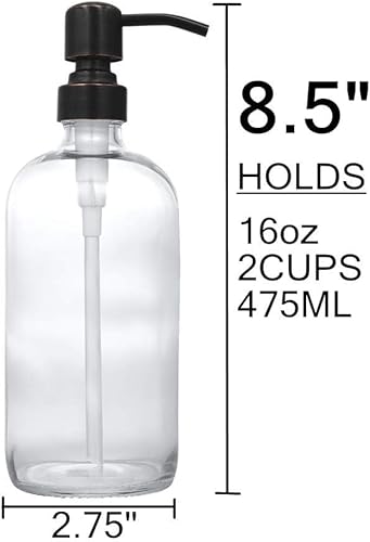 Miniatura 2 de Dispensador de jabón en tarro de vidrio transparente con bomba de bronce aceitado, dispensador de botellas redondas de 16 onzas con bomba de acero