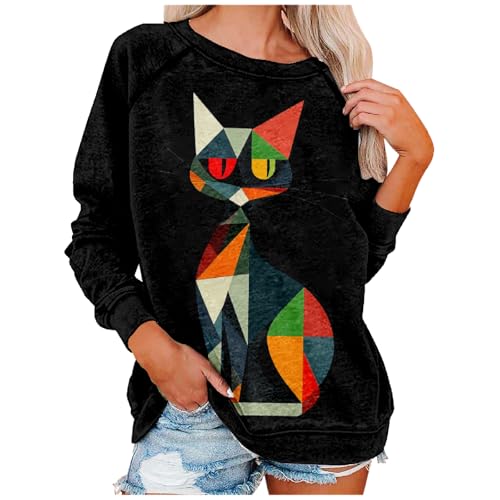 LOAIHA Women's Black Cat Sweatshirt Cute Cat Lover Graphic Pullover