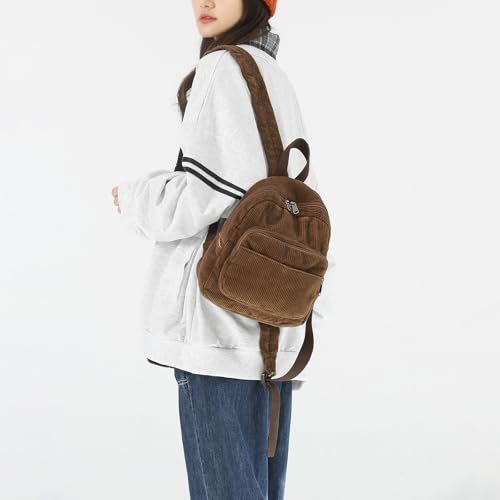 Boziee Petit sac à dos en toile et velours côtelé pour femme, fille, adolescent, école, voyage, travail, petite taille, marron foncé, S, Décontracté – vue 5