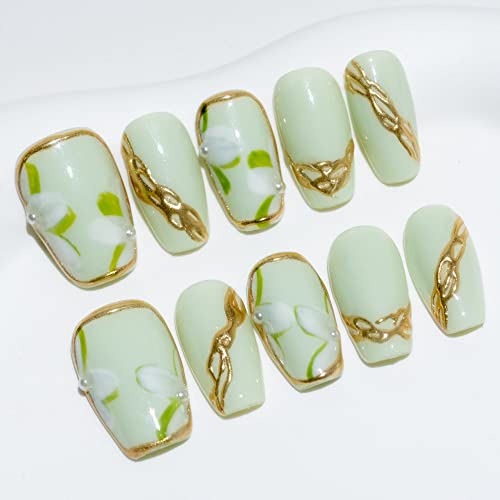 Sun&Beam Nails Handmade Press-on Short Coffin Ballerina Green Gold Hand-Painted Minimalist Japanese Design Fashion False Nail Tips 10 Pcs Set (#054 XS)