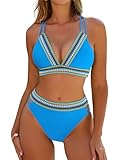 Blooming Jelly Womens High Waisted Bikini Sets Color Block Two Piece Swimsuit Double Straps Bathing Suit (Medium, Blue)
