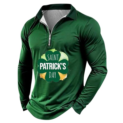 Camisas de manga larga para hombre del Día de San Patricio 2025, manga larga, cuello con cremallera, estampado de celebración festiva, azul oscuro, 3XL