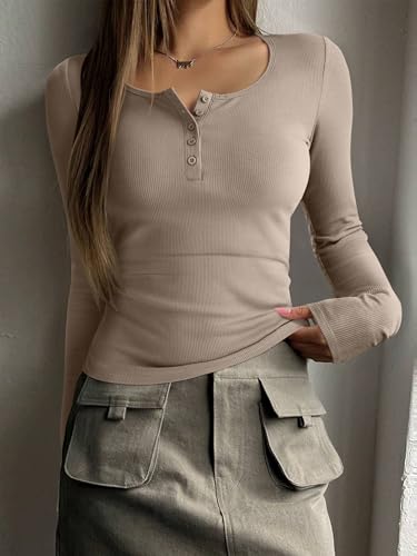 REORIA Women's 2025 Fall Long Sleeve Henley T Shirts Button Ribbed Knit Slim Fit Casual Basic Tops Blouse Khaki Large — view 3