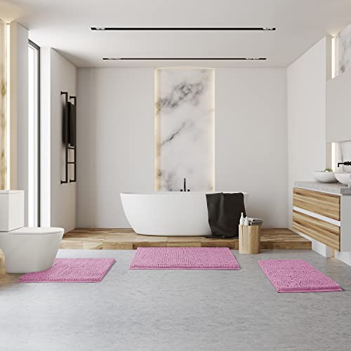 Bysure Pink Bathroom Rugs Sets 3 Piece Non Slip Extra Absorbent Shaggy Chenille Bathroom Rugs And Mats Sets, Soft & Dry Bath Rug/Mat Sets For Bathroom Washable Carpets Set #TOP1
