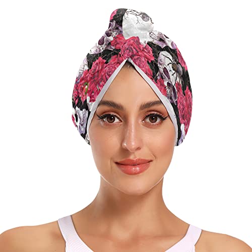 Emelivor Skulls Rose Flowers Microfiber Hair Towel Wrap For Women 2 Pack Absorbent Shower Head Towel With Button Soft Bath Head Turban For Long, Short, Curly, Straight, Thin, Thick Hair #TOP1