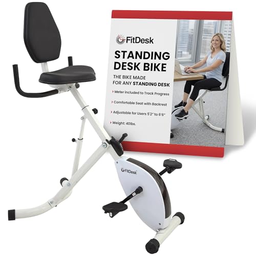 FitDesk Height Adjustable Exercise Desk Bike with Digital Performance Monitor, 8 Resistance Levels, Foldable Frame, Supportive Seat with Backrest, Supports Up to 242 lbs for Home & Office, White