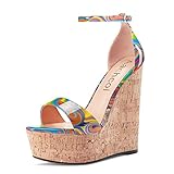 Aachcol Women Platform Wedge Sandals Round Peep Open Toe Ankle Strap Slingback Two-Piece Chunky Block High Heel Dress Shoes Pumps Party Patent 6 Inch, Rainbow Multicolor, 12