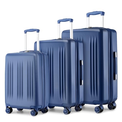 Image of Kono 3 Piece Expandable Luggage Set 20 /24 /28inch Suitcases for Long Travel | Lightweight PC+ABS hardshell suitcases set with TSA locks, 360 silent spinner wheels, expandable design, Navy Blue