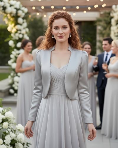 BlackButterfly formal Satin Langen Ärmel Bolero Jacke (Silber, S)