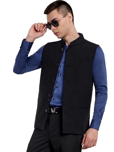 SKAVIJ Mens Classic Nehru Jacket Plain Handmade Cotton Solid Design Hip length Sleeveless Waistcoat 7