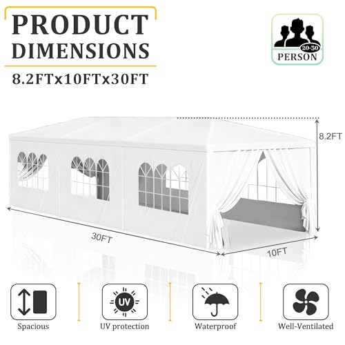 Image of 10x30 White Canopy Tent with 8 Removable Sidewalls and Windows, Waterproof Outdoor Party Gazebo Tent for Backyard Wedding Events BBQ Graduation