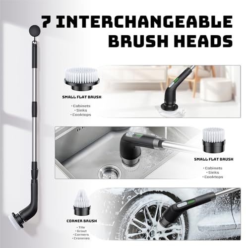 Image of Electric Spin Scrubber, 2-Speed Cleaning Brush, Extendable Handle (Black) | Includes 7 reusable brush heads and an IPX7-rated design for cleaning bathrooms, showers, kitchens, tile, floors, and grout