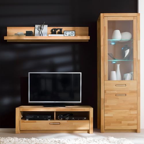 Lomadox Wohnwand TV-Wand, Kernbuche massiv geölt keilgezinkt, 3-teilig, Echtholz/Massivholz, 1 Lowboard, 1 Vitrine, 1 Wandregal, inkl. LED-Beleuchtung