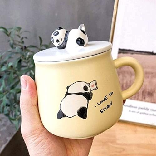 Image of NYRWANA Coffee Mug, Gift for Woman, Birthday Present for Girlfriend, Present for Wife Birthday, Mugs for Present, Panda Mug with Lid & Spoon (Yellow-350 ml)