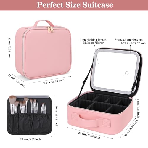 Makeup Case with LED Mirror,Makeup Organizer Bag Travel Makeup Case Large Makeup Bag With Rechargeable Mirror 3 Color Lights Detachable Mirror for Women Beauty Tools Accessories（Pink）2
