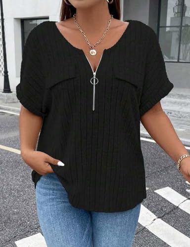 Viracy Plus Size Top for Women Short Sleeve Blouses Zip-up V Neck Top Womens Fashion 2025 Trendy Casual Work Shirt 1X-5X3