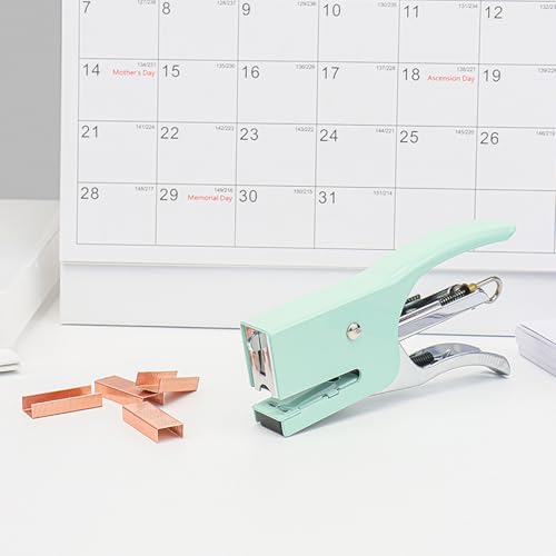NatSumeBaiscs Mini Green Plier Stapler with # 10 Staples Cute No.10 Manual 15 Sheet Capacity Stapler with 1000 Rose Gold Staples for Office School Home Accessories Supplies (Green)