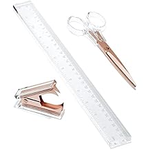 OfficeGoods 3 Piece Acrylic Desk Set - Includes Ruler, Staple Remover, Scissors - Functional & Elegant Desk Accessories - Stationery Tools for Home, Office, and School - Clear with Rose Gold Metal