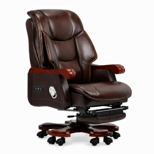 Kinnls Jones Genuine Leather Executive Office Chair with Massage Ventilation and Heating, Luxury Managerial Executive Home Desk Chairs, Big and Tall Recliner with Footrest (Massage Chair-Coffee)